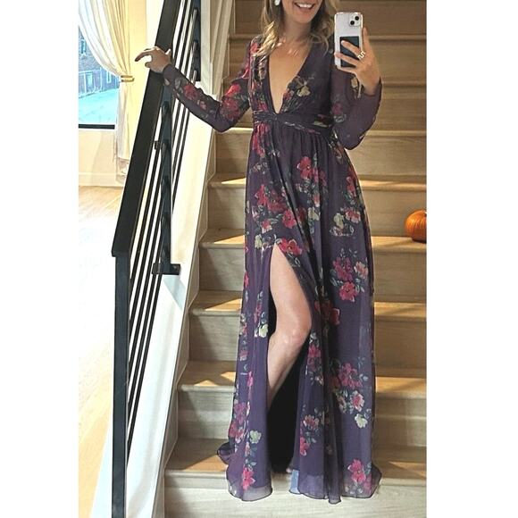 MAC DUGGAL Purple Floral Georgette Plunging Neckline High Slit Gown Size 8 - Picture 2 of 16